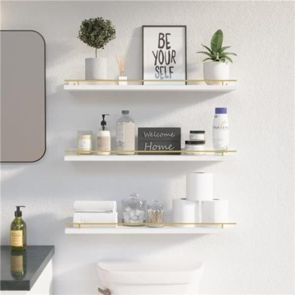 Floating Shelves 24 inches with Gold Metal Guardrail, Wall Decor Set‎ of 3 - Picture 1 of 8